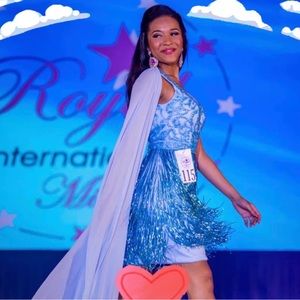 CUSTOMIZED BLUE MINI GOWN PAGEANT AND PROM DRESS